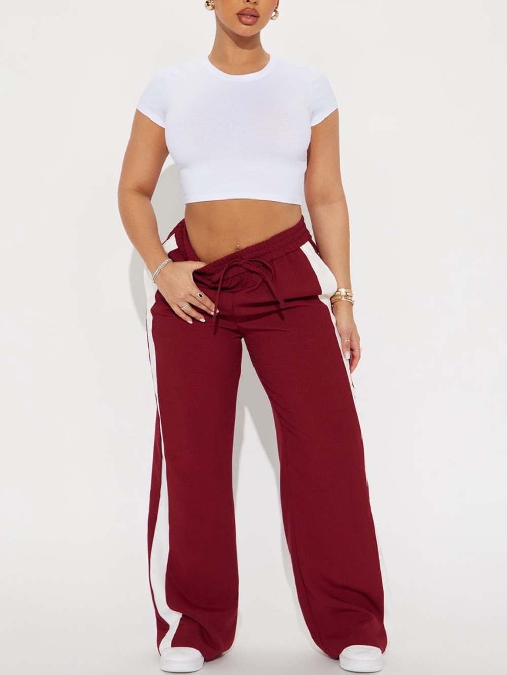 Fashion Nova Women's Burgundy Track Pants with White Side Stripe